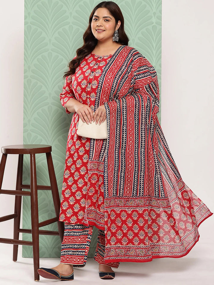 Plus Size Floral Printed Pure Cotton Kurta with Trousers & Dupatta-Yufta Store-1393PSKDRD3XL