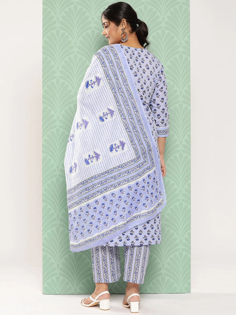 Plus Size Floral Printed Pure Cotton Kurta with Trousers & With Dupatta-Yufta Store-1192PSKDSB3XL