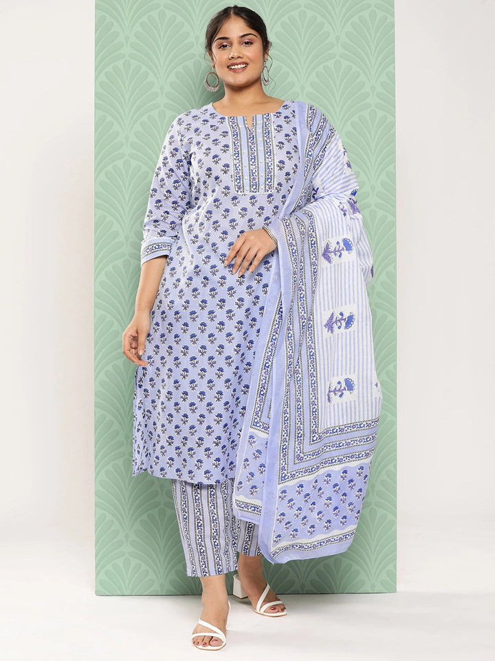 Plus Size Floral Printed Pure Cotton Kurta with Trousers & With Dupatta-Yufta Store-1192PSKDSB3XL