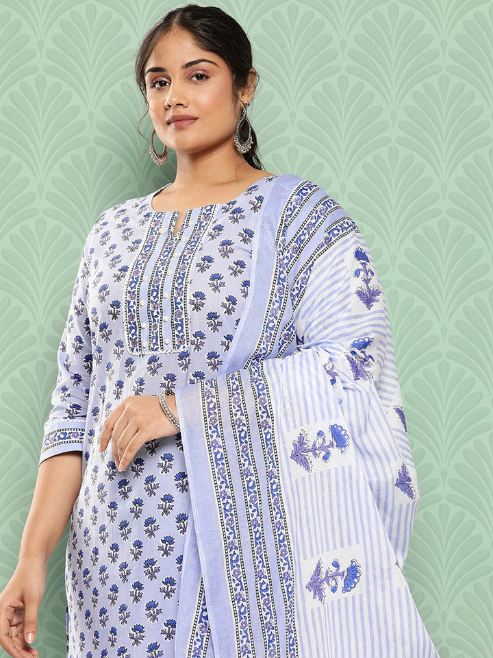 Plus Size Floral Printed Pure Cotton Kurta with Trousers & With Dupatta-Yufta Store-1192PSKDSB3XL