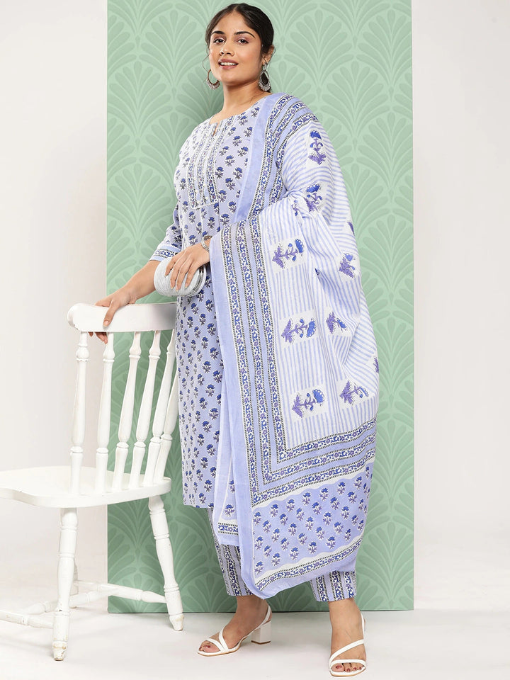 Plus Size Floral Printed Pure Cotton Kurta with Trousers & With Dupatta-Yufta Store-1192PSKDSB3XL