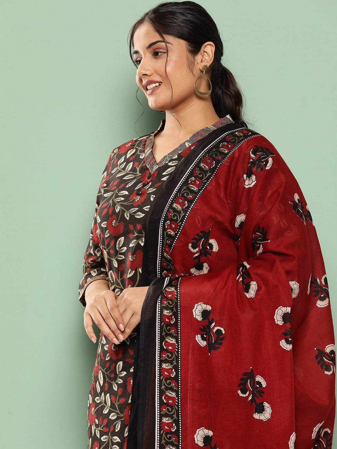 Plus Size Floral Printed Pure Cotton Kurta with Trousers & With Dupatta-Yufta Store-9459PSKDBK3XL