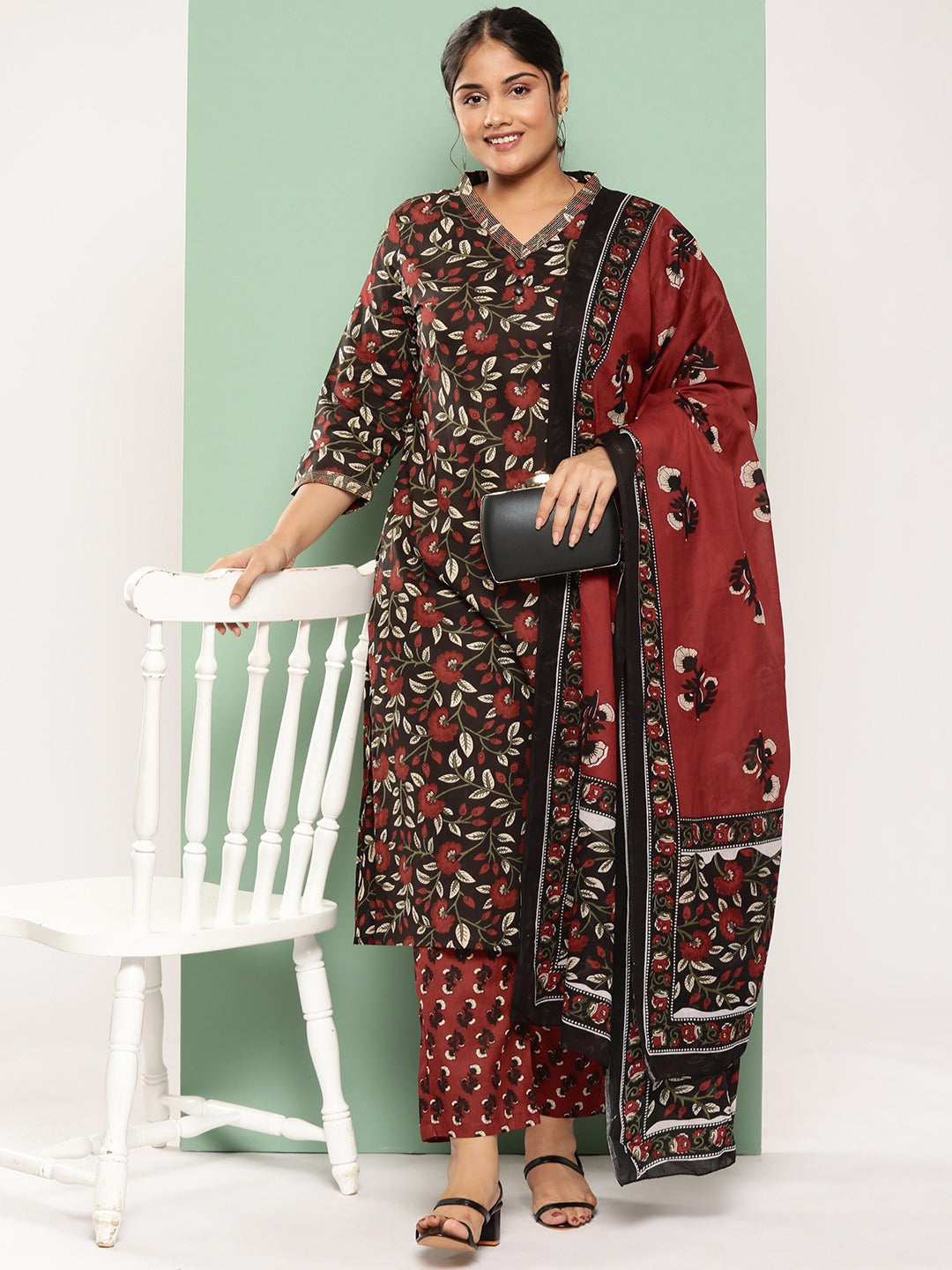 Plus Size Floral Printed Pure Cotton Kurta with Trousers & With Dupatta-Yufta Store-9459PSKDBK3XL