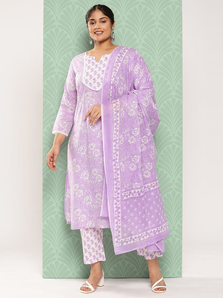 Plus Size Floral Printed Pure Cotton Kurta with Trousers & With Dupatta-Yufta Store-9812PSKDLV3XL