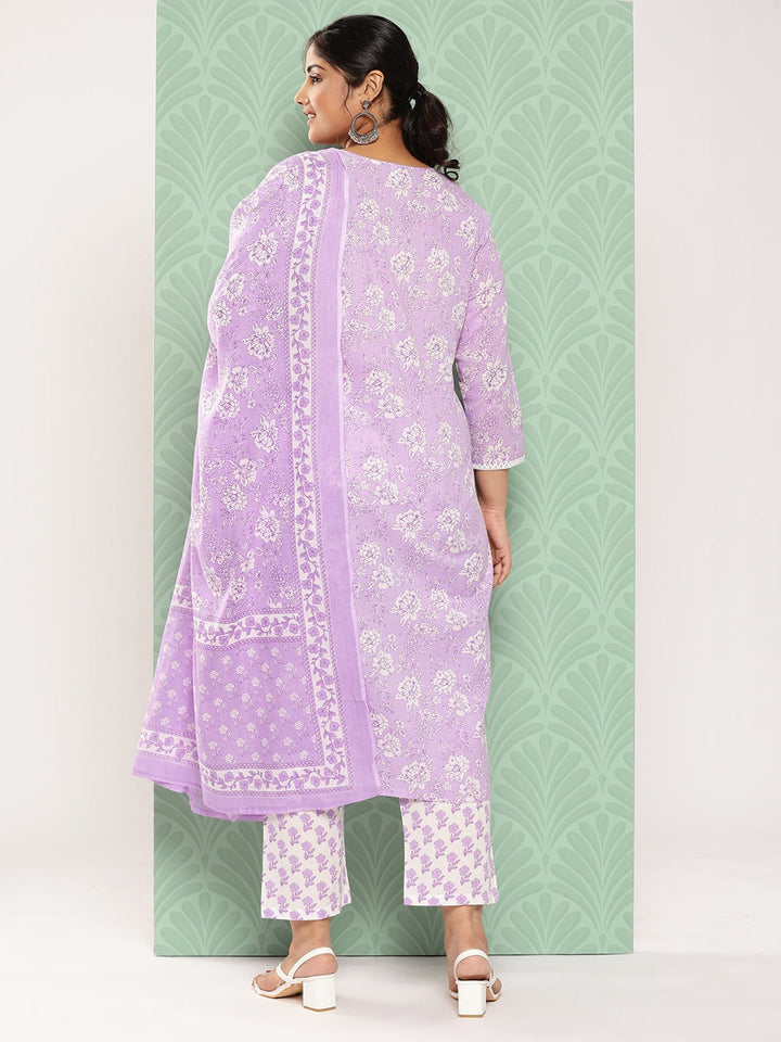 Plus Size Floral Printed Pure Cotton Kurta with Trousers & With Dupatta-Yufta Store-9812PSKDLV3XL