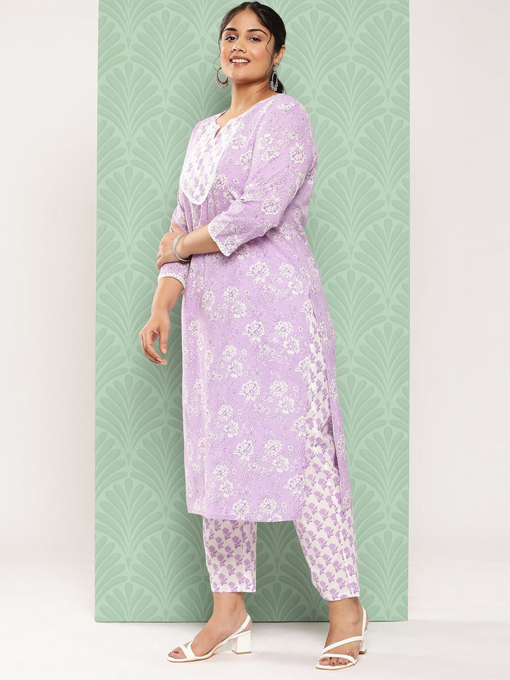 Plus Size Floral Printed Pure Cotton Kurta with Trousers & With Dupatta-Yufta Store-9812PSKDLV3XL