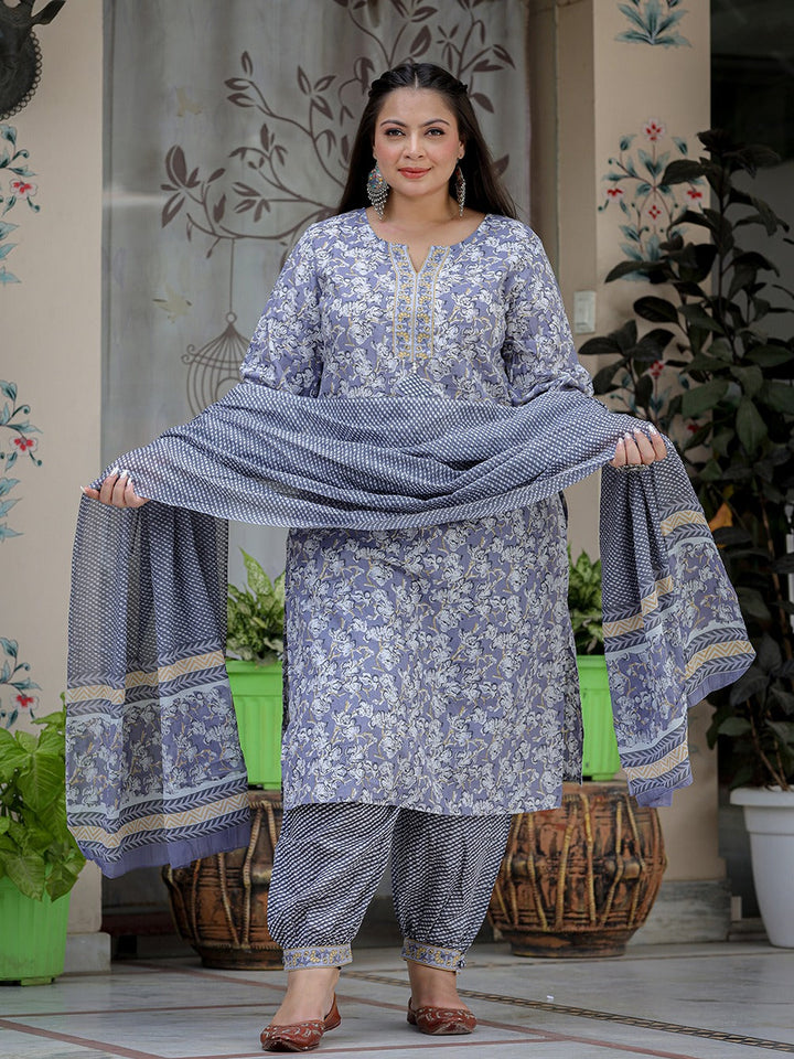 Plus Size Floral Printed Pure Cotton Straight Kurta & Harem Pants With Dupatta-Yufta Store-1122PSKDGY3XL