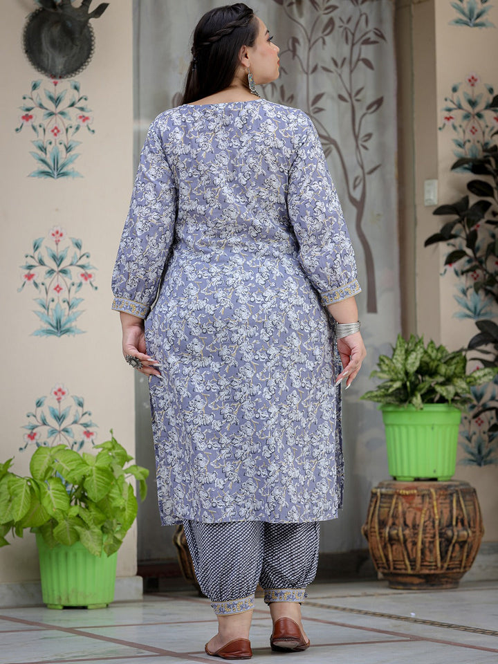 Plus Size Floral Printed Pure Cotton Straight Kurta & Harem Pants With Dupatta-Yufta Store-1122PSKDGY3XL