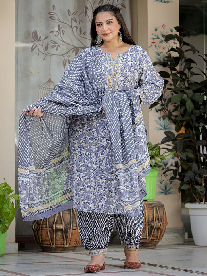 Plus Size Floral Printed Pure Cotton Straight Kurta & Harem Pants With Dupatta-Yufta Store-1122PSKDGY3XL