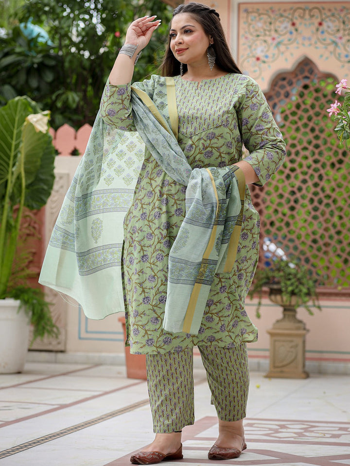 Plus Size Floral Printed Pure Cotton Straight Kurta & Palazzos With Dupatta-Yufta Store-9377PSKDGR3XL