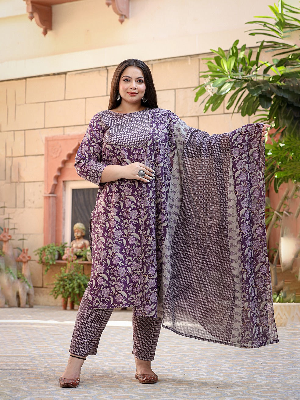 Plus Size Floral Printed Pure Cotton Straight Kurta & Trousers With Dupatta-Yufta Store-1219PSKDPR3XL