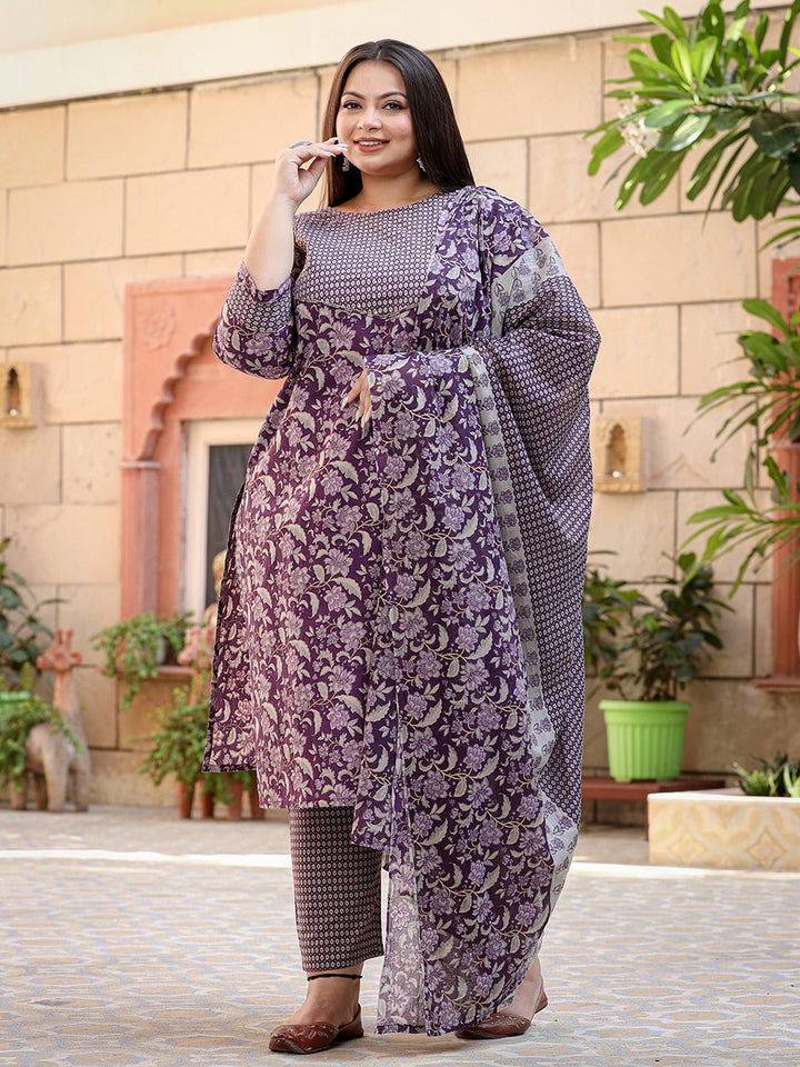 Plus Size Floral Printed Pure Cotton Straight Kurta & Trousers With Dupatta-Yufta Store-1219PSKDPR3XL