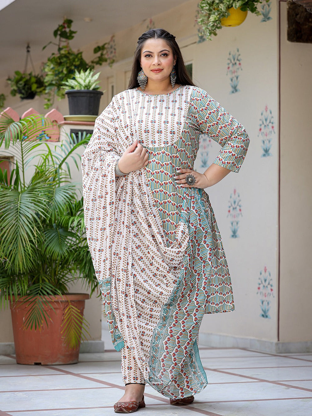 Plus Size Floral Printed Pure Cotton Straight Kurta & Trousers With Dupatta-Yufta Store-9692PSKDWH3XL