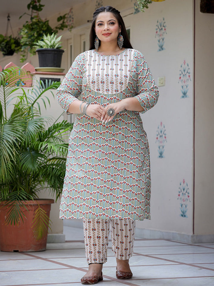 Plus Size Floral Printed Pure Cotton Straight Kurta & Trousers With Dupatta-Yufta Store-9692PSKDWH3XL