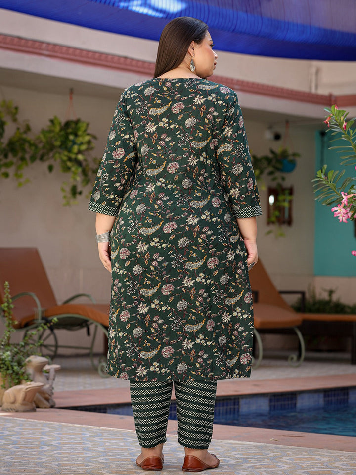 Plus Size Floral Printed Pure Cotton Straight Kurta & Trousers With Dupatta-Yufta Store-9762PSKDGR3XL