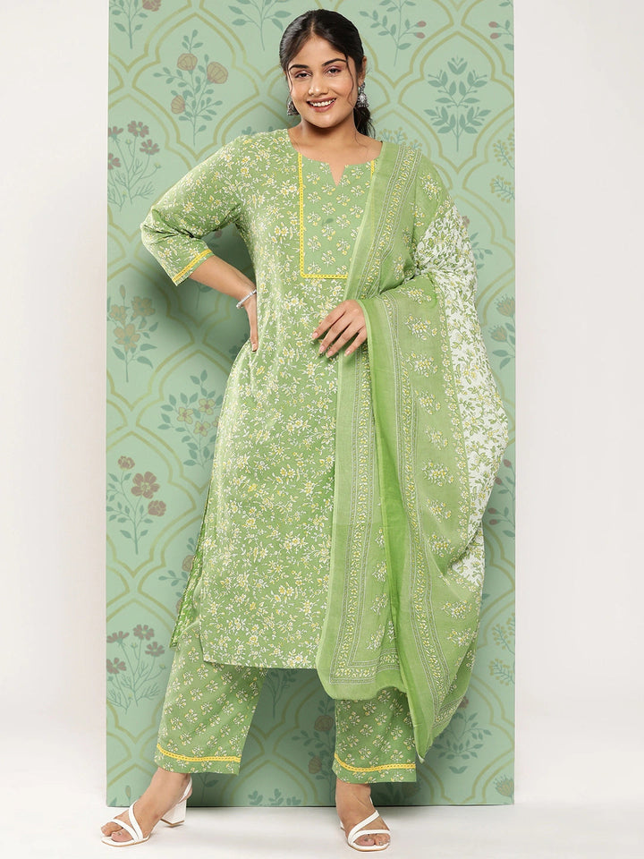 Plus Size Floral Printed Regular Pure Cotton Kurta with Trousers & Dupatta-Yufta Store-1341PSKDGR3XL