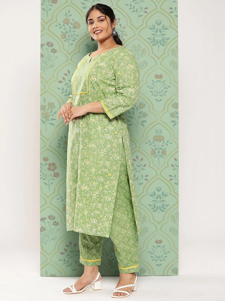 Plus Size Floral Printed Regular Pure Cotton Kurta with Trousers & Dupatta-Yufta Store-1341PSKDGR3XL