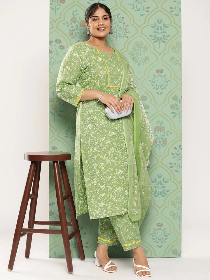 Plus Size Floral Printed Regular Pure Cotton Kurta with Trousers & Dupatta-Yufta Store-1341PSKDGR3XL