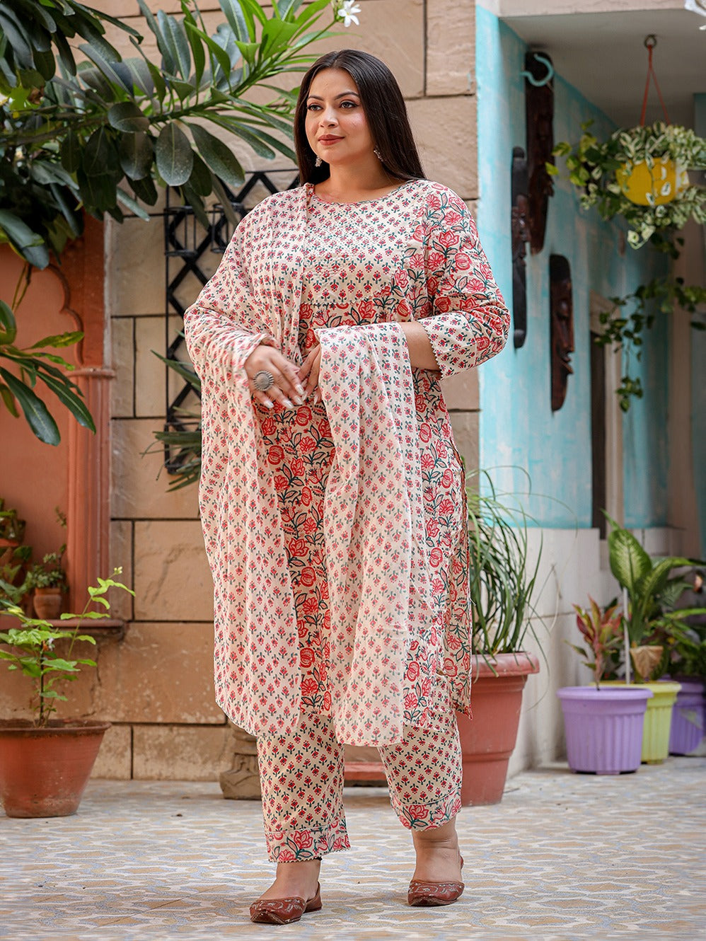 Plus Size Floral Printed Regular Pure Cotton Kurta with Trousers & Dupatta-Yufta Store-3901PSKDPK3XL