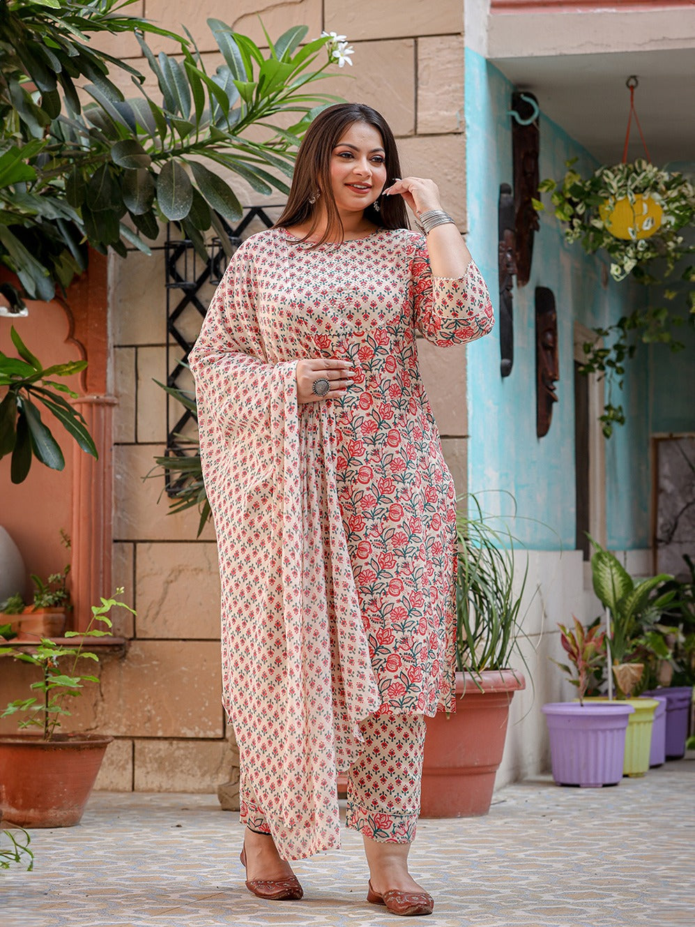 Plus Size Floral Printed Regular Pure Cotton Kurta with Trousers & Dupatta-Yufta Store-3901PSKDPK3XL