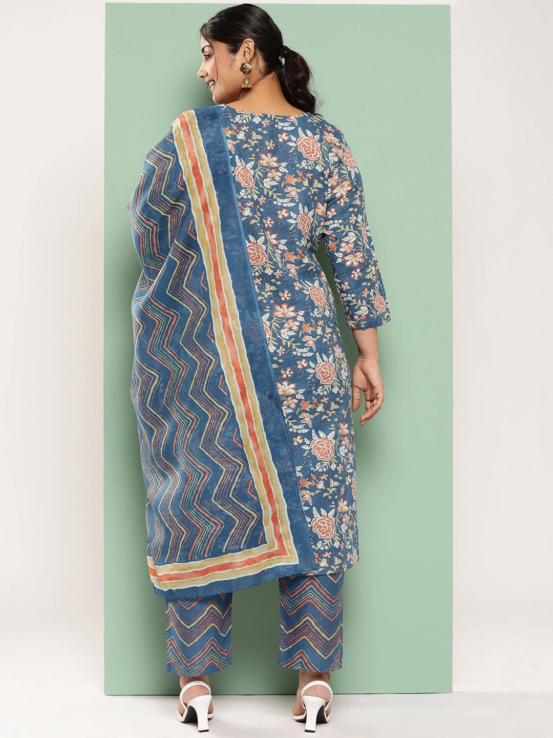 Plus Size Floral Printed Regular Pure Cotton Kurta with Trousers & Dupatta-Yufta Store-4785PSKDBL3XL