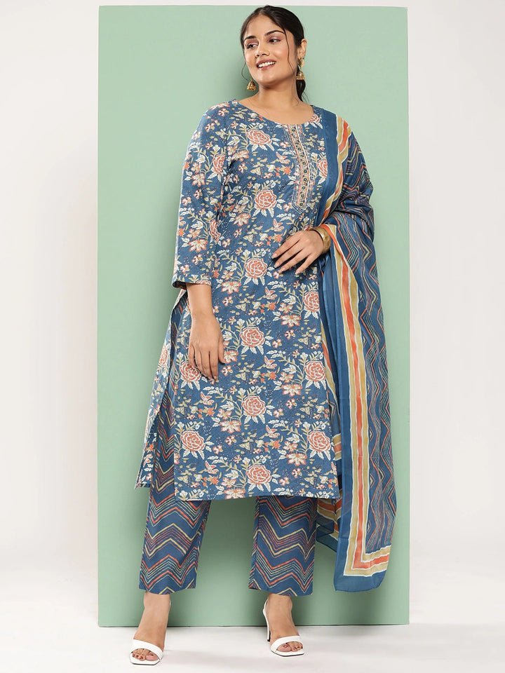 Plus Size Floral Printed Regular Pure Cotton Kurta with Trousers & Dupatta-Yufta Store-4785PSKDBL3XL