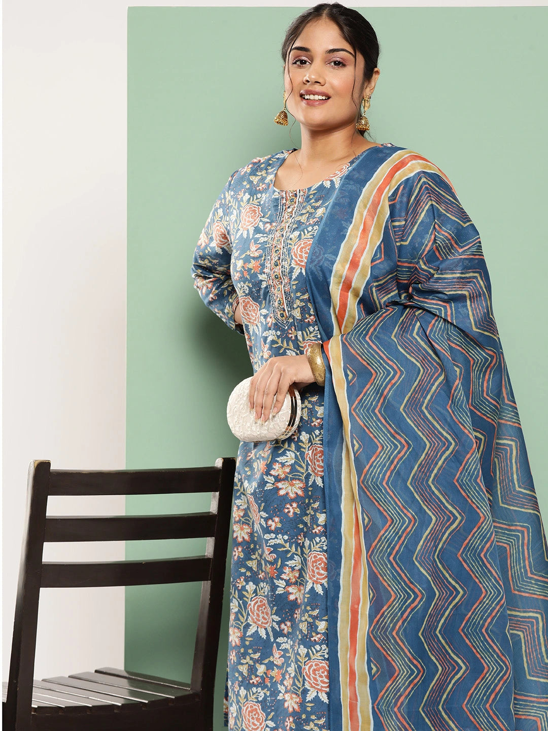 Plus Size Floral Printed Regular Pure Cotton Kurta with Trousers & Dupatta-Yufta Store-4785PSKDBL3XL