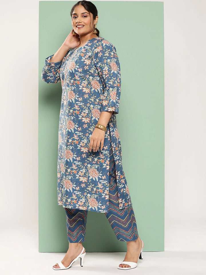 Plus Size Floral Printed Regular Pure Cotton Kurta with Trousers & Dupatta-Yufta Store-4785PSKDBL3XL