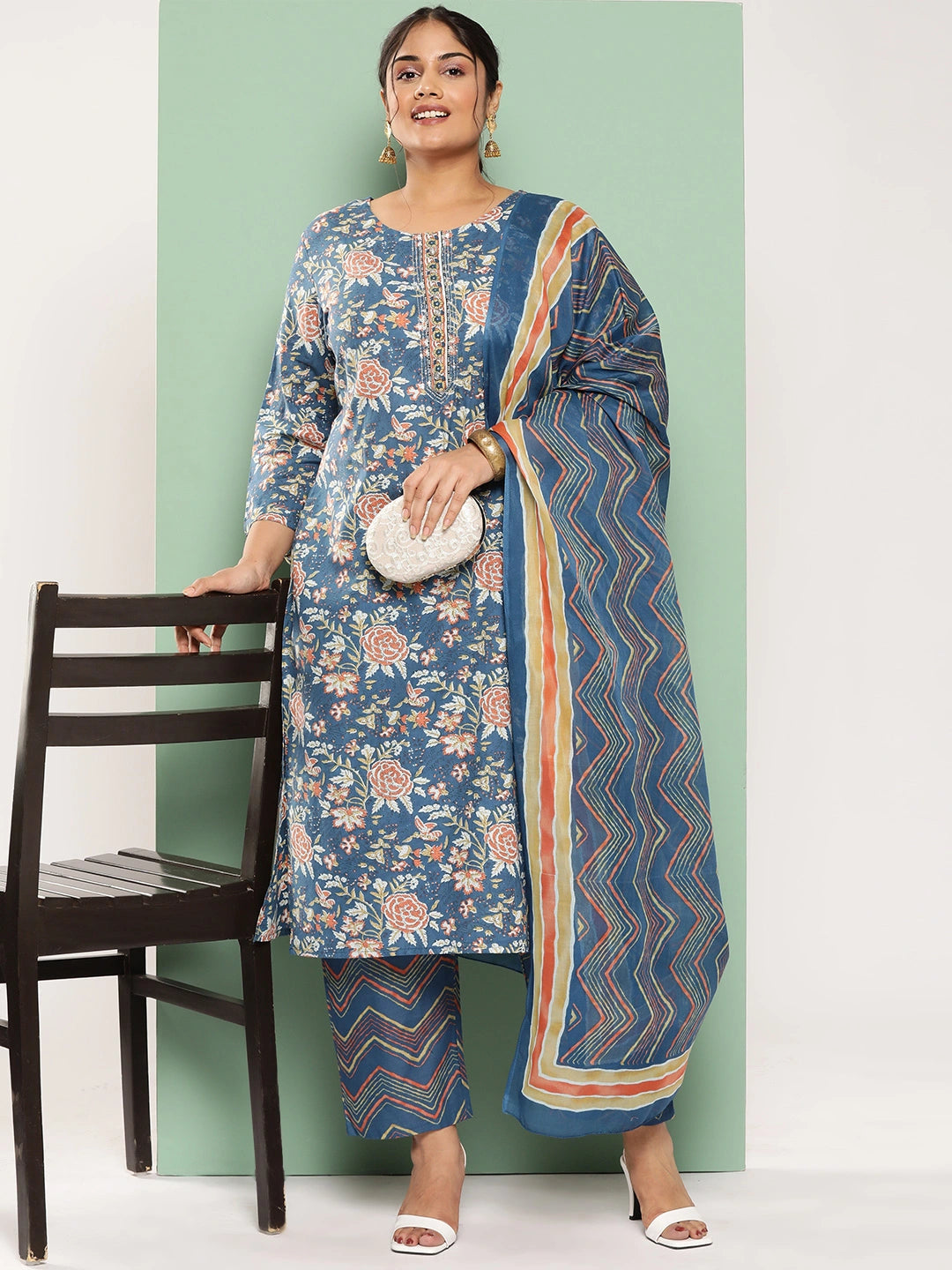 Plus Size Floral Printed Regular Pure Cotton Kurta with Trousers & Dupatta-Yufta Store-4785PSKDBL3XL