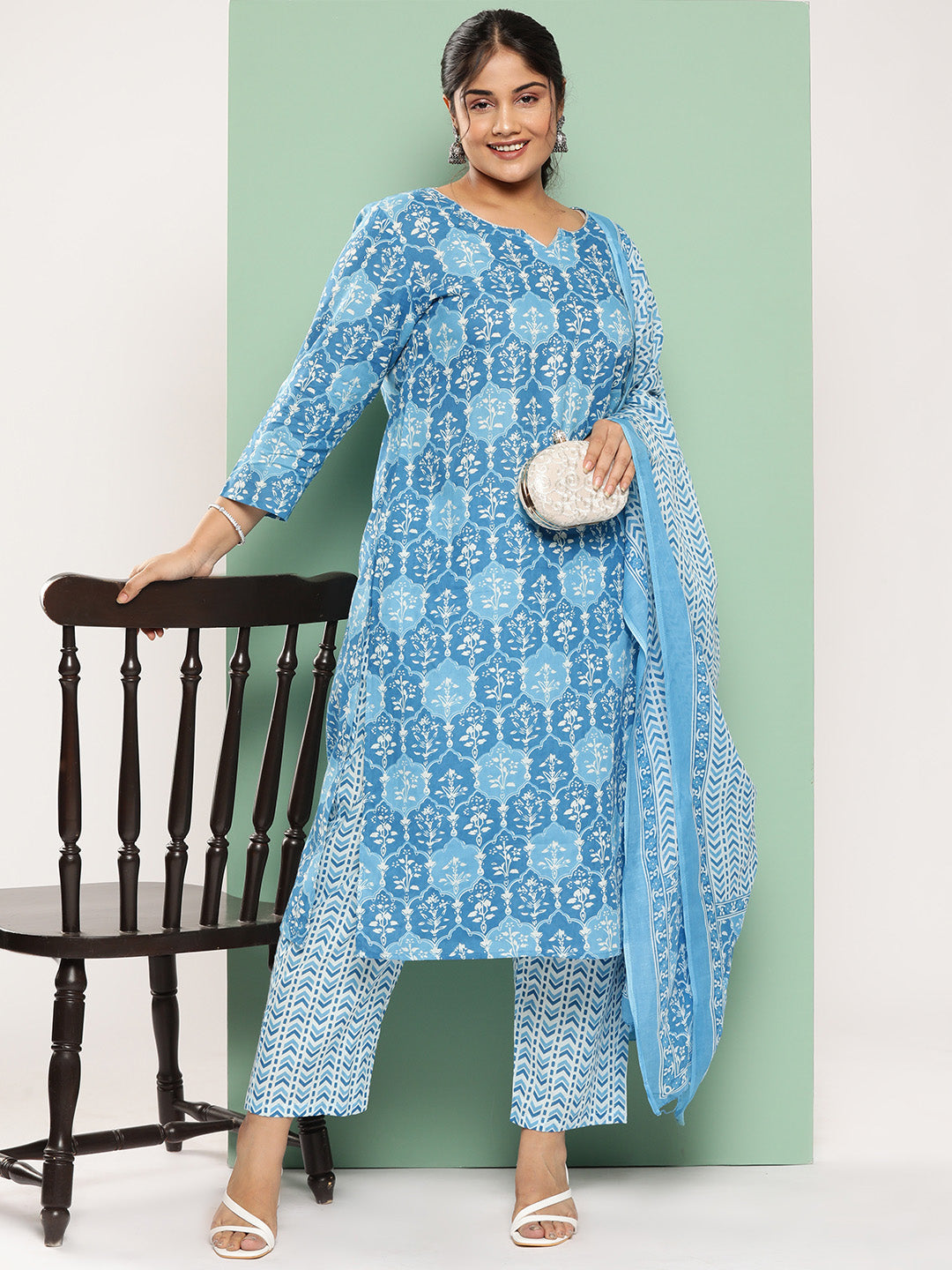 Plus Size Floral Printed Regular Pure Cotton Kurta with Trousers & Dupatta-Yufta Store-9757PSKDBL3XL