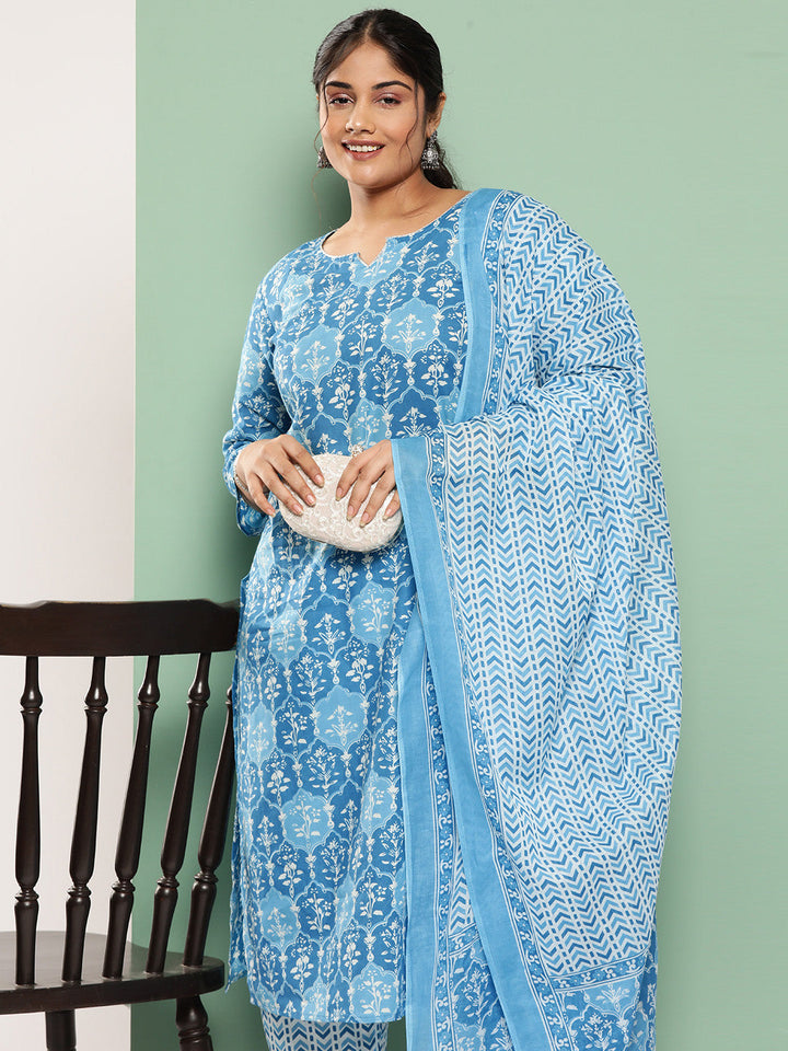 Plus Size Floral Printed Regular Pure Cotton Kurta with Trousers & Dupatta-Yufta Store-9757PSKDBL3XL