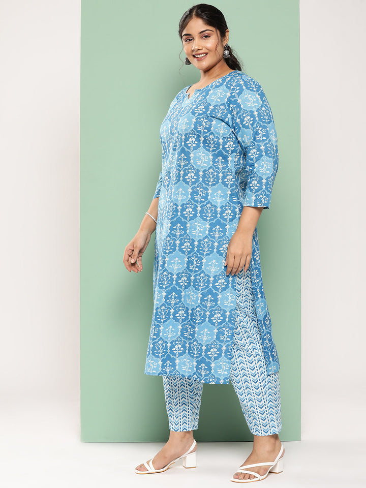 Plus Size Floral Printed Regular Pure Cotton Kurta with Trousers & Dupatta-Yufta Store-9757PSKDBL3XL