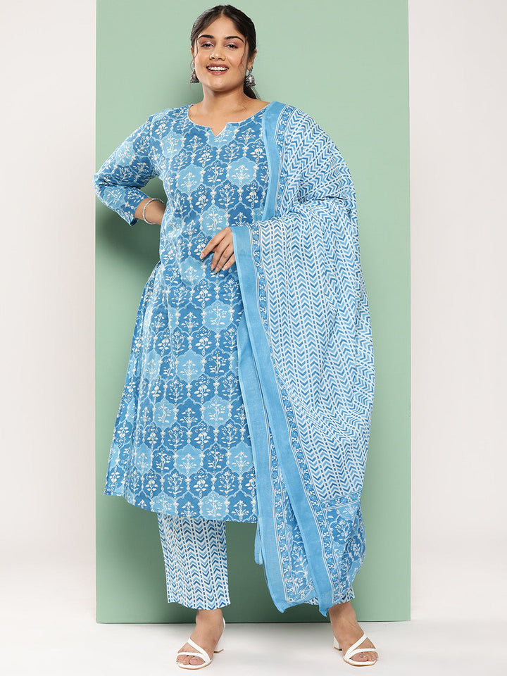 Plus Size Floral Printed Regular Pure Cotton Kurta with Trousers & Dupatta-Yufta Store-9757PSKDBL3XL