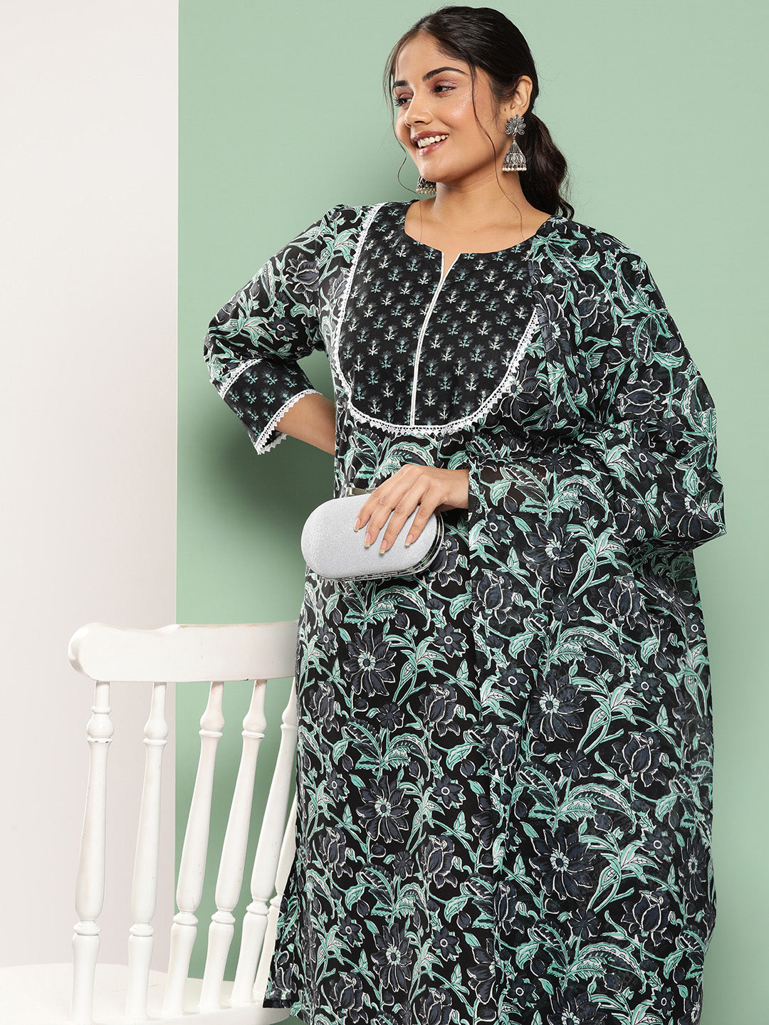 Plus Size Floral Printed Sequined Pure Cotton Kurta with Trousers & Dupatta-Yufta Store-1345PSKDBK3XL