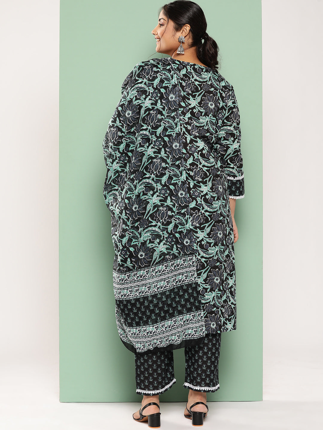 Plus Size Floral Printed Sequined Pure Cotton Kurta with Trousers & Dupatta-Yufta Store-1345PSKDBK3XL