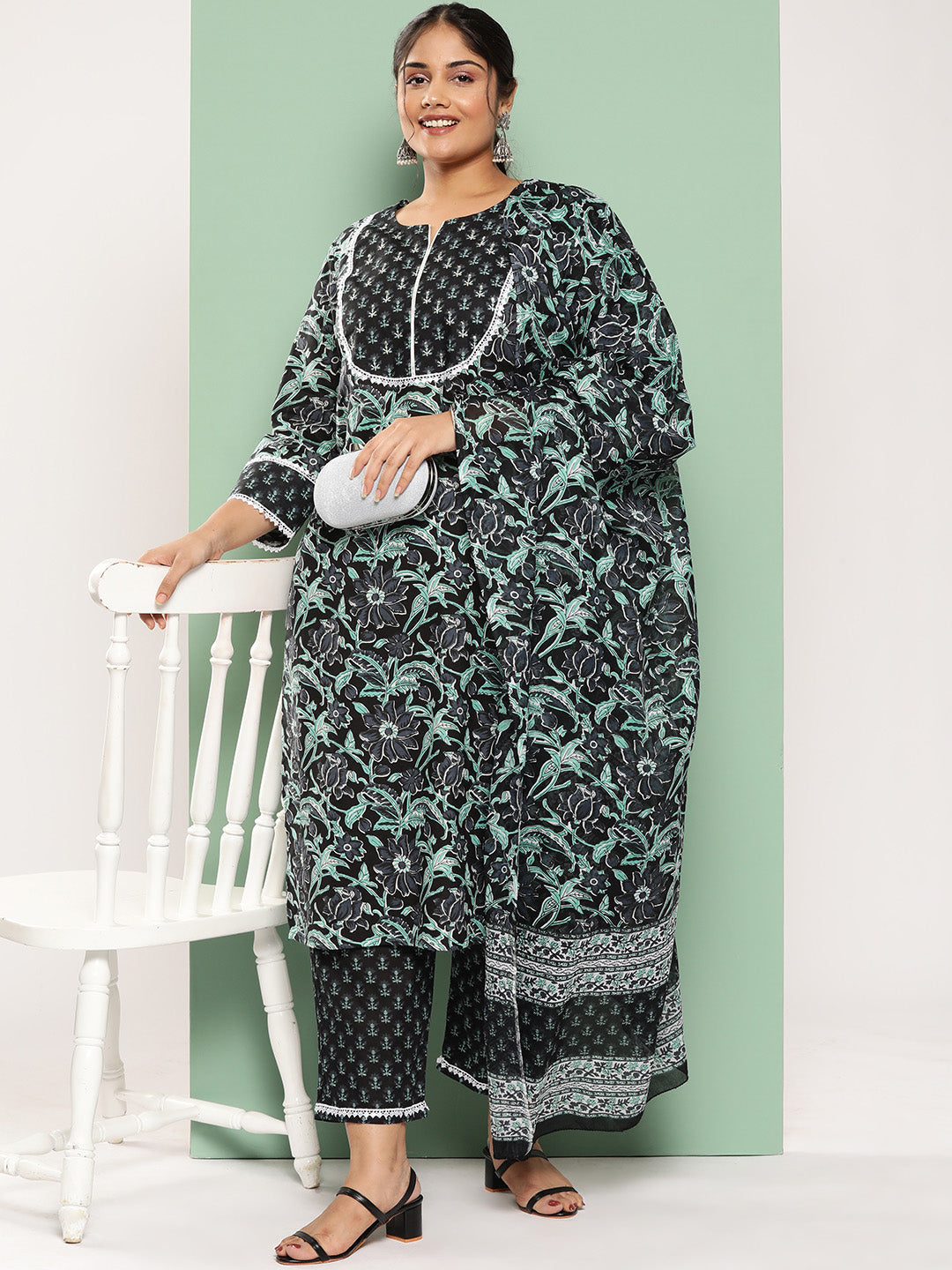 Plus Size Floral Printed Sequined Pure Cotton Kurta with Trousers & Dupatta-Yufta Store-1345PSKDBK3XL