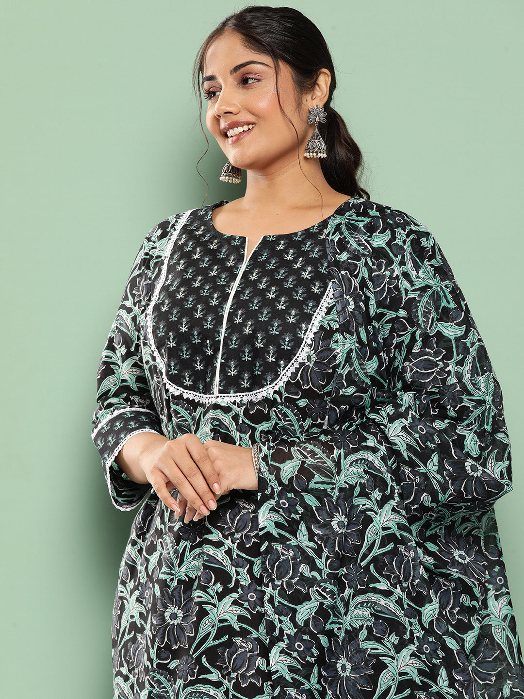 Plus Size Floral Printed Sequined Pure Cotton Kurta with Trousers & Dupatta-Yufta Store-1345PSKDBK3XL