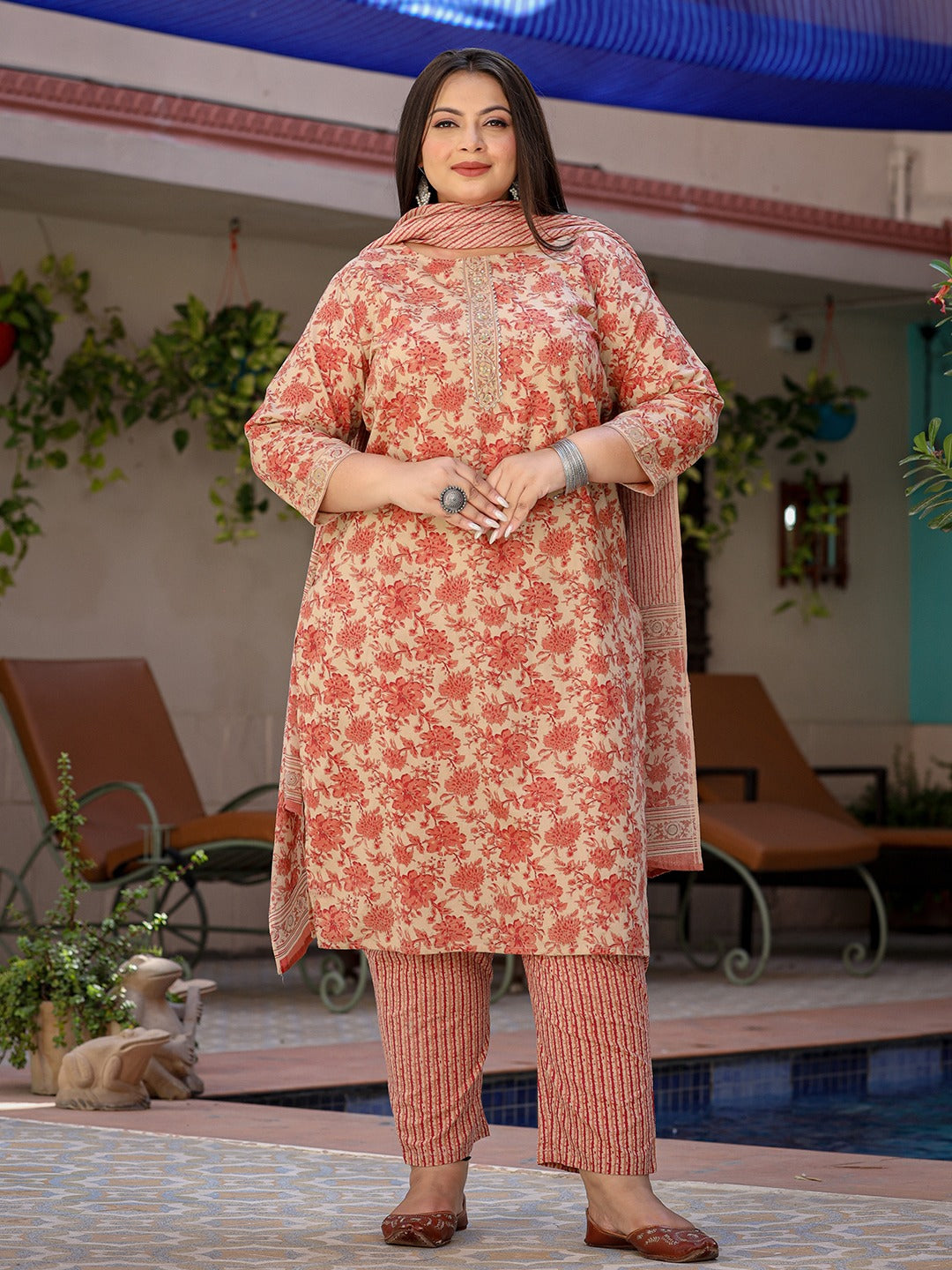 Plus Size Floral Printed Sequinned Pure Cotton Kurta & Trousers With Dupatta-Yufta Store-1353PSKDPC3XL