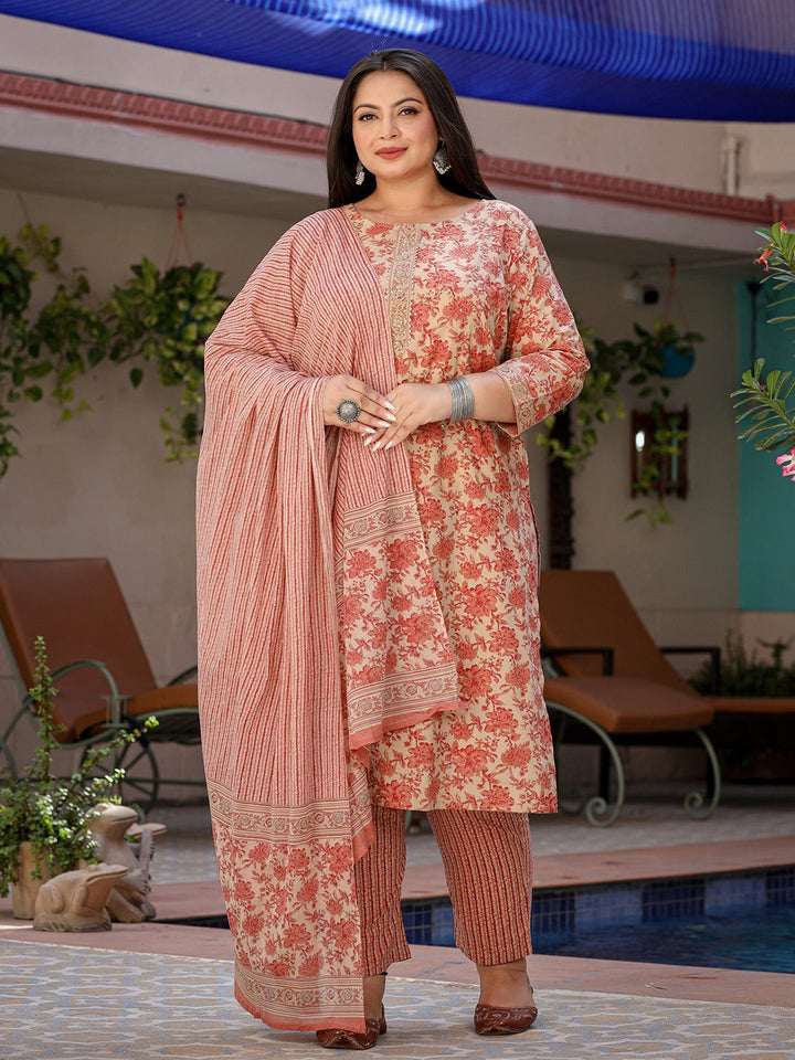 Plus Size Floral Printed Sequinned Pure Cotton Kurta & Trousers With Dupatta-Yufta Store-1353PSKDPC3XL