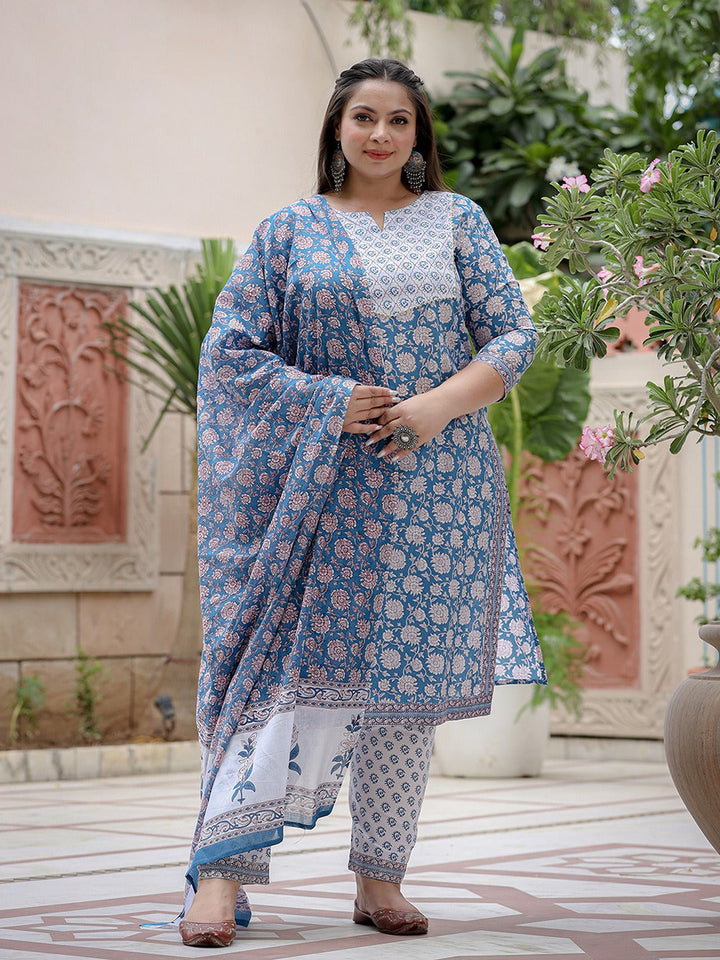 Plus Size Floral Printed Sequinned Pure Cotton Kurta & Trousers With Dupatta-Yufta Store-9421PSKDBL3XL