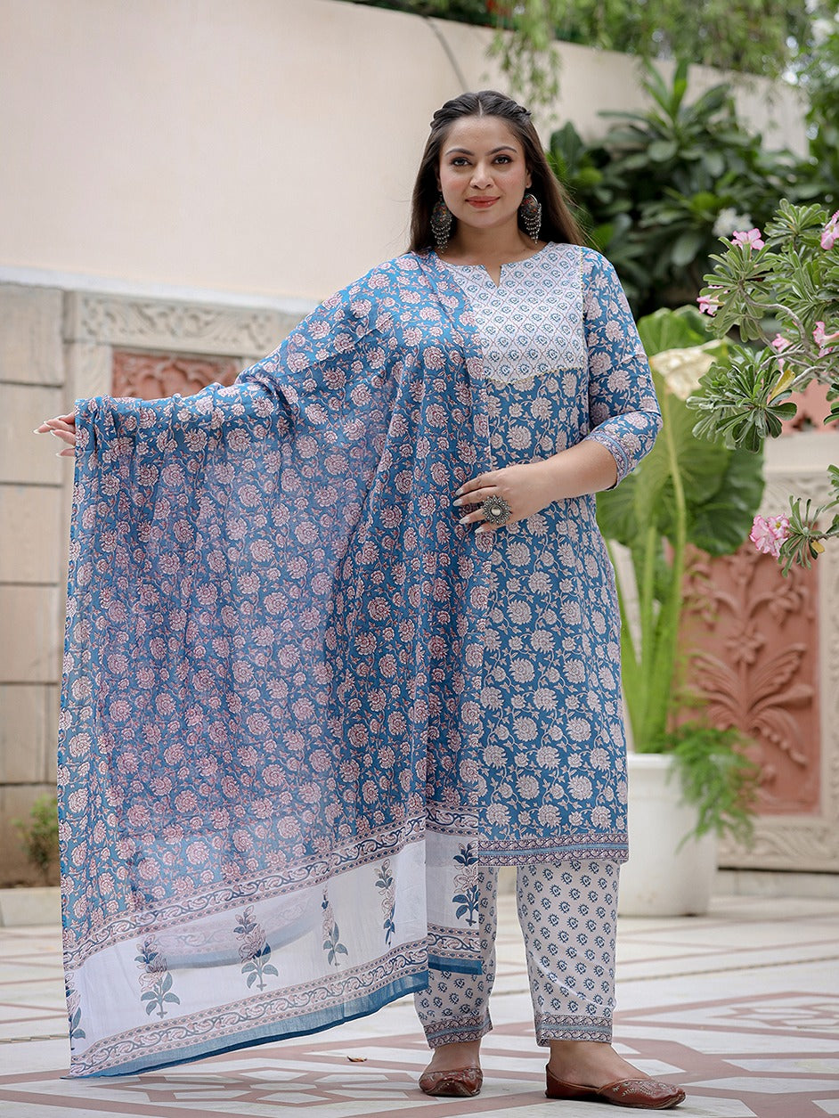 Plus Size Floral Printed Sequinned Pure Cotton Kurta & Trousers With Dupatta-Yufta Store-9421PSKDBL3XL