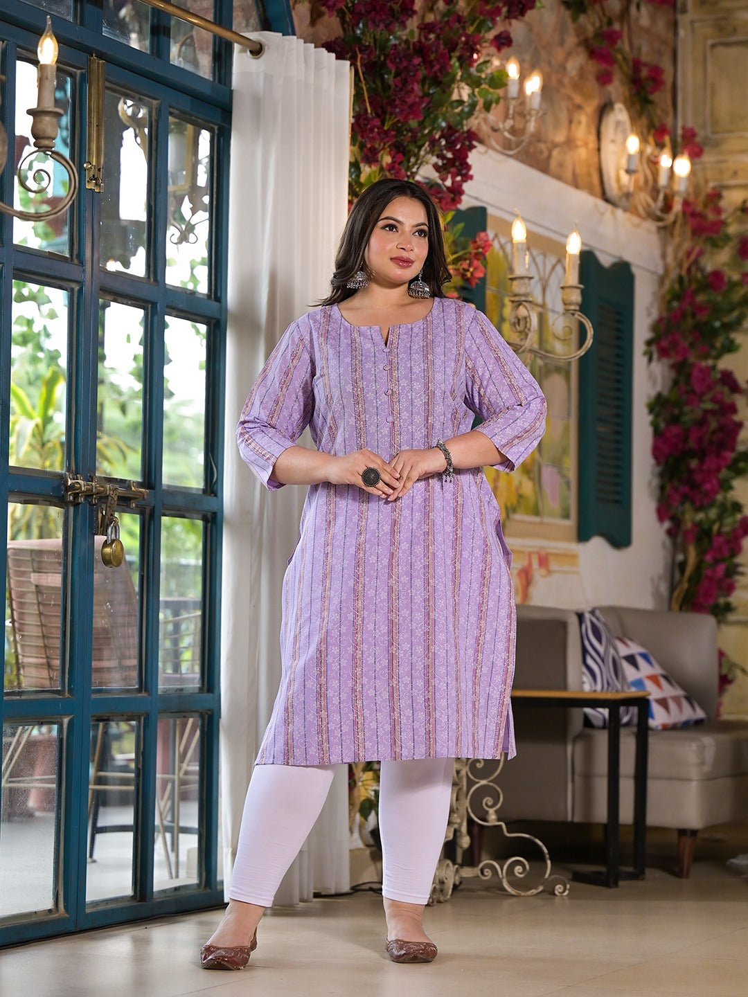 Lavender Floral Printed Straight Kurta Plus Size-Yufta Store-1134KURLV3XL