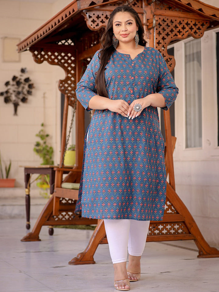 Blue Floral Printed Straight Kurta Plus Size-Yufta Store-1141PKURBL3XL