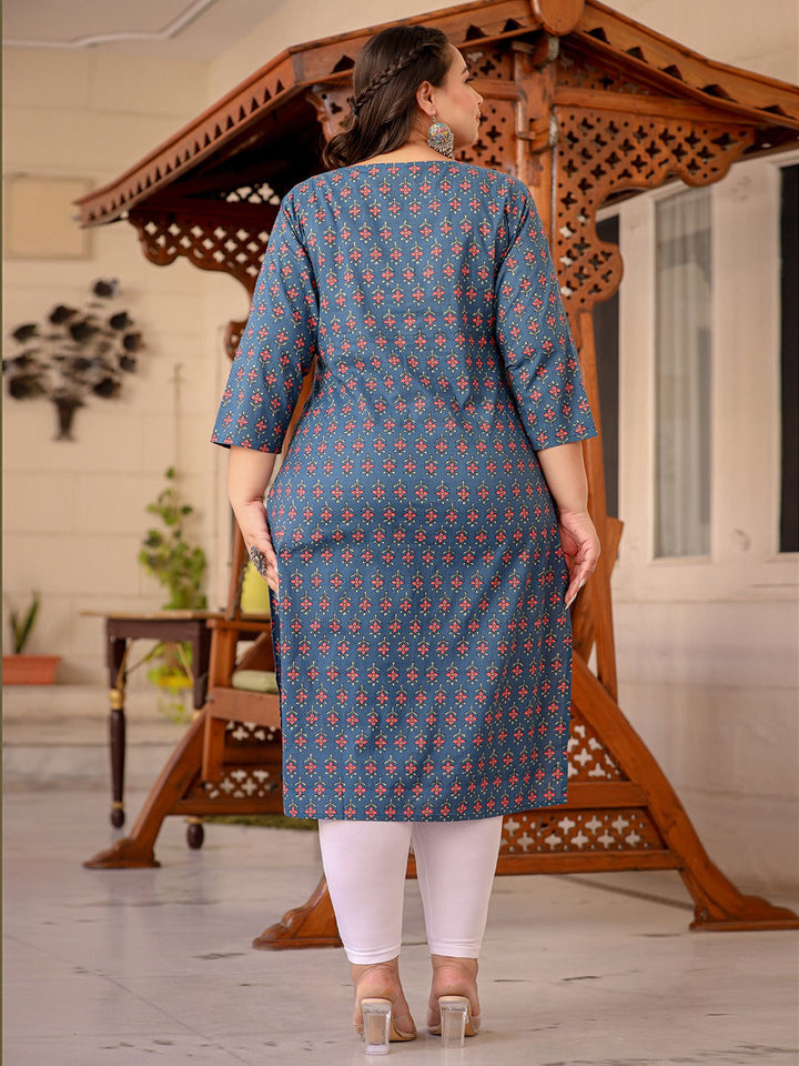 Blue Floral Printed Straight Kurta Plus Size-Yufta Store-1141PKURBL3XL