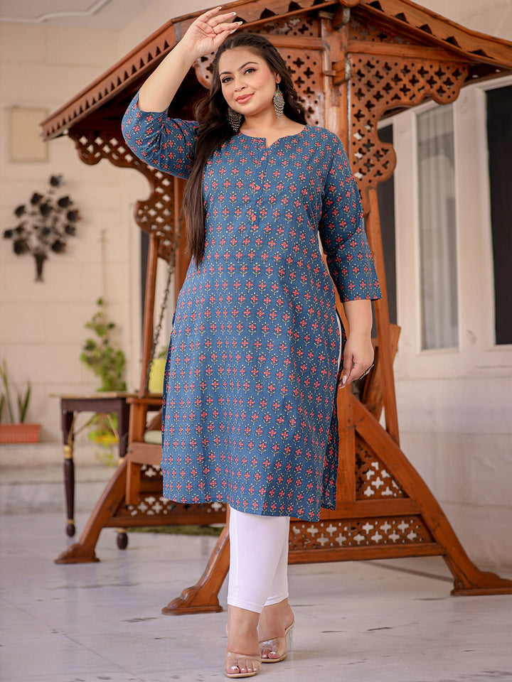 Blue Floral Printed Straight Kurta Plus Size-Yufta Store-1141PKURBL3XL