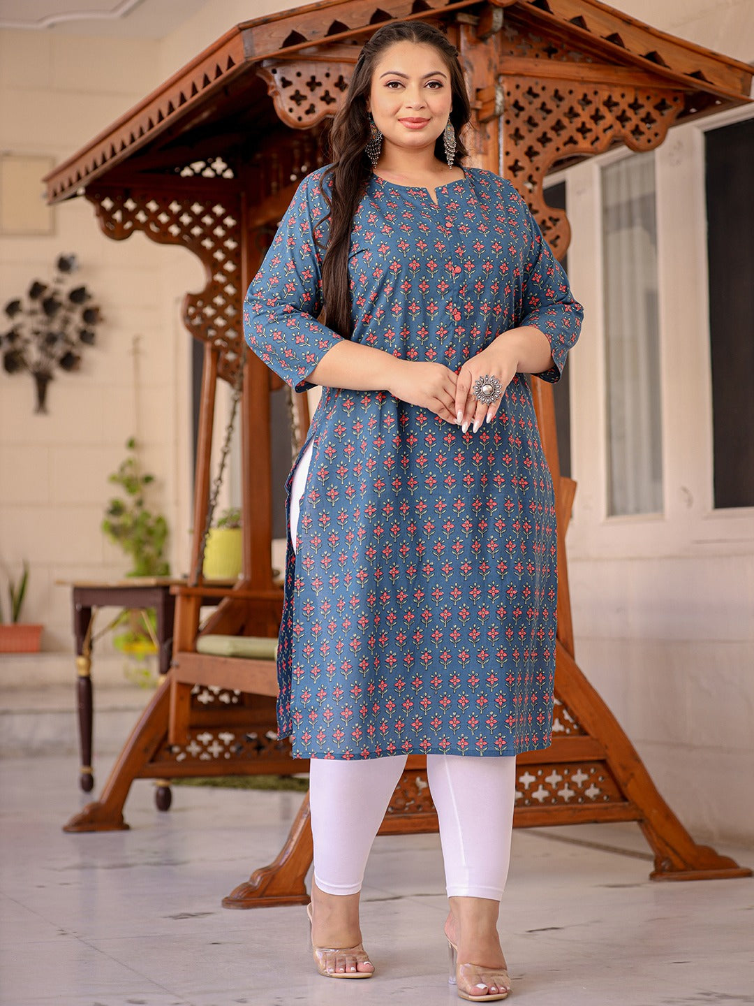 Blue Floral Printed Straight Kurta Plus Size-Yufta Store-1141PKURBL3XL