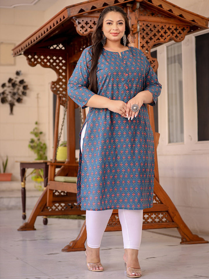 Plus Size Floral Printed Straight Kurta-Yufta Store-1141PKURBL3XL