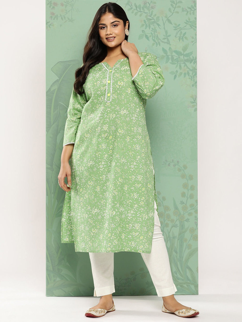 Green & White Floral Cotton Kurta Plus Size-Yufta Store-1278PKURGR3XL