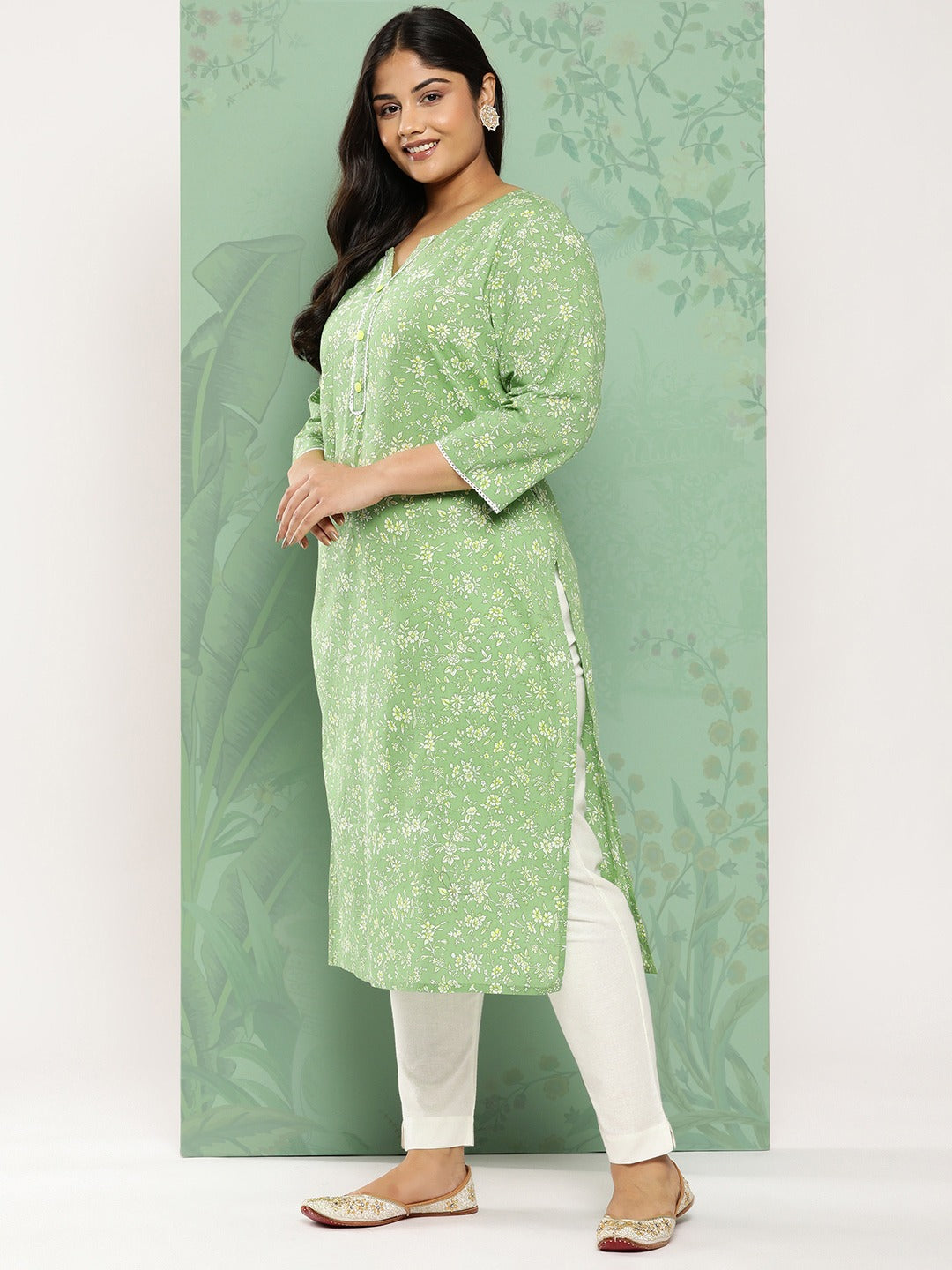 Green & White Floral Cotton Kurta Plus Size-Yufta Store-1278PKURGR3XL