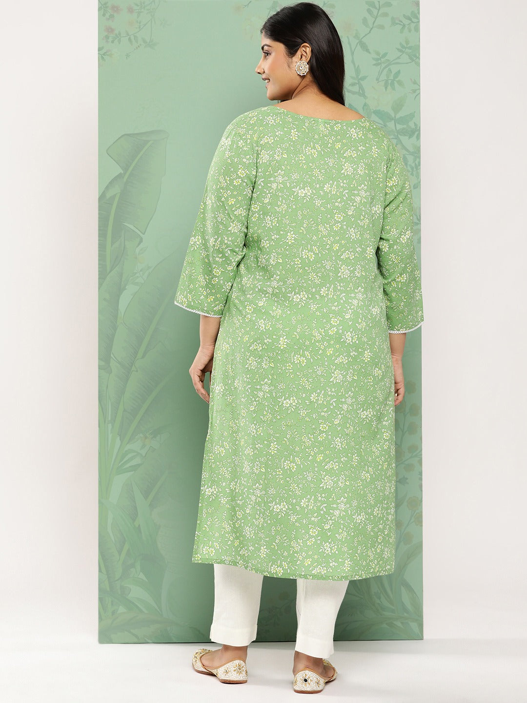 Green & White Floral Cotton Kurta Plus Size-Yufta Store-1278PKURGR3XL